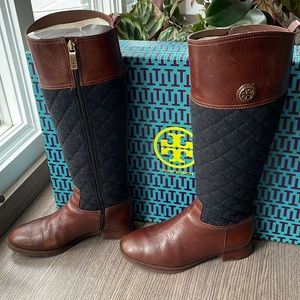 Tory Burch Rosalie 30mm Riding Boots, Almond/ Charcoal, Size 6.5
